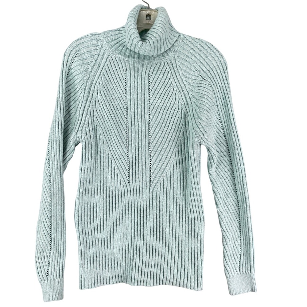 Sundance Turtleneck Sweater Womens Medium Blue Cotton Silk Ribbed Pointelle Knit